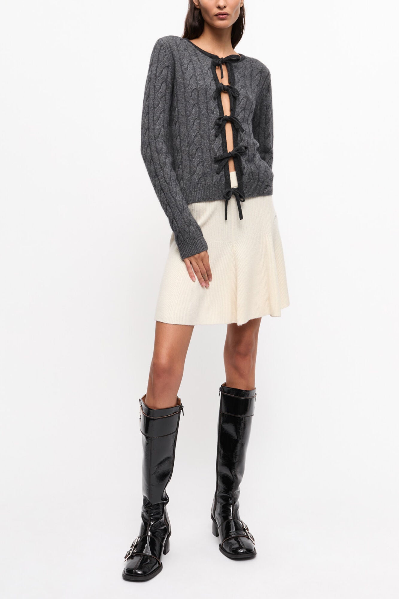 Grey and Black Cashmere Mix Tie String Cardigan - GANNI