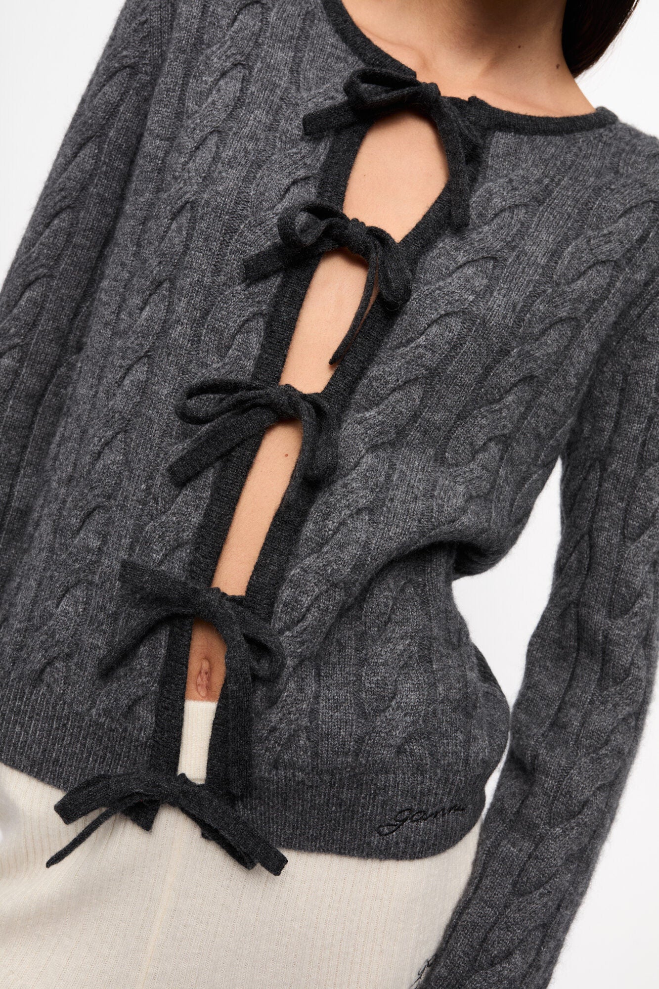 Grey and Black Cashmere Mix Tie String Cardigan - GANNI