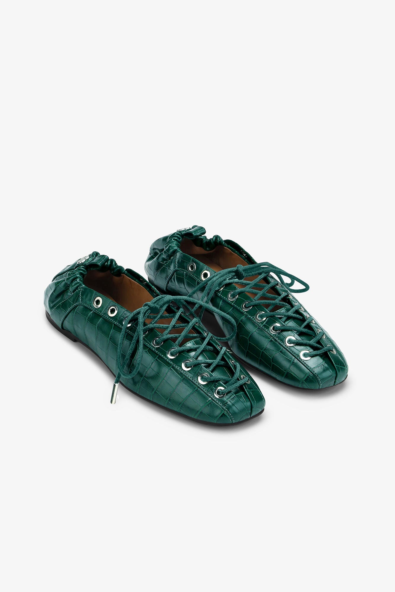 Lace-Up Ballerinas in Green Croco - GANNI