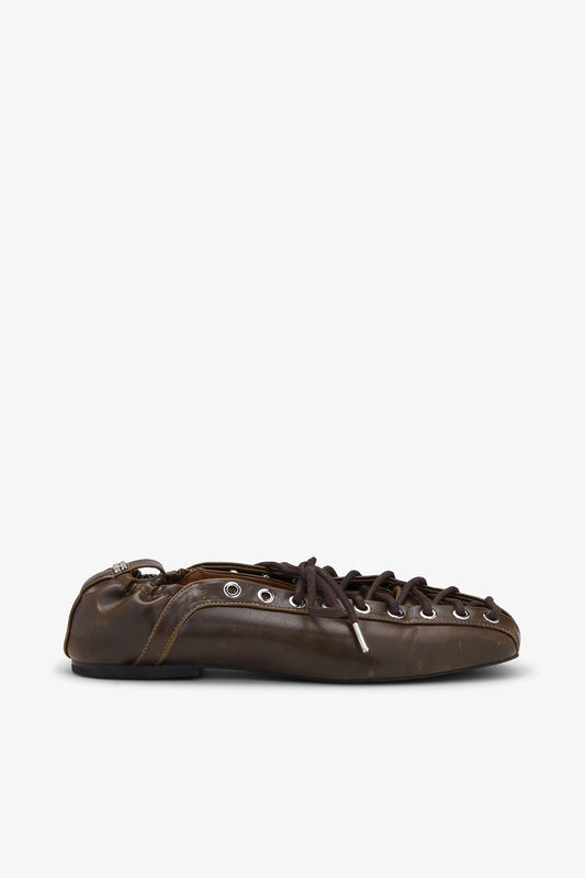 Lace-Up Ballerinas in Dark-Olive Oleatex - GANNI