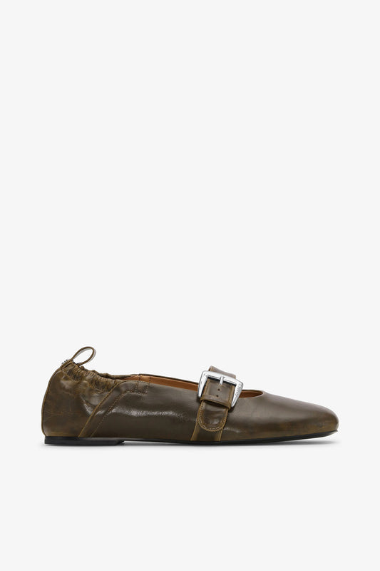 Buckle Strap Ballerinas in Dark-Olive - GANNI