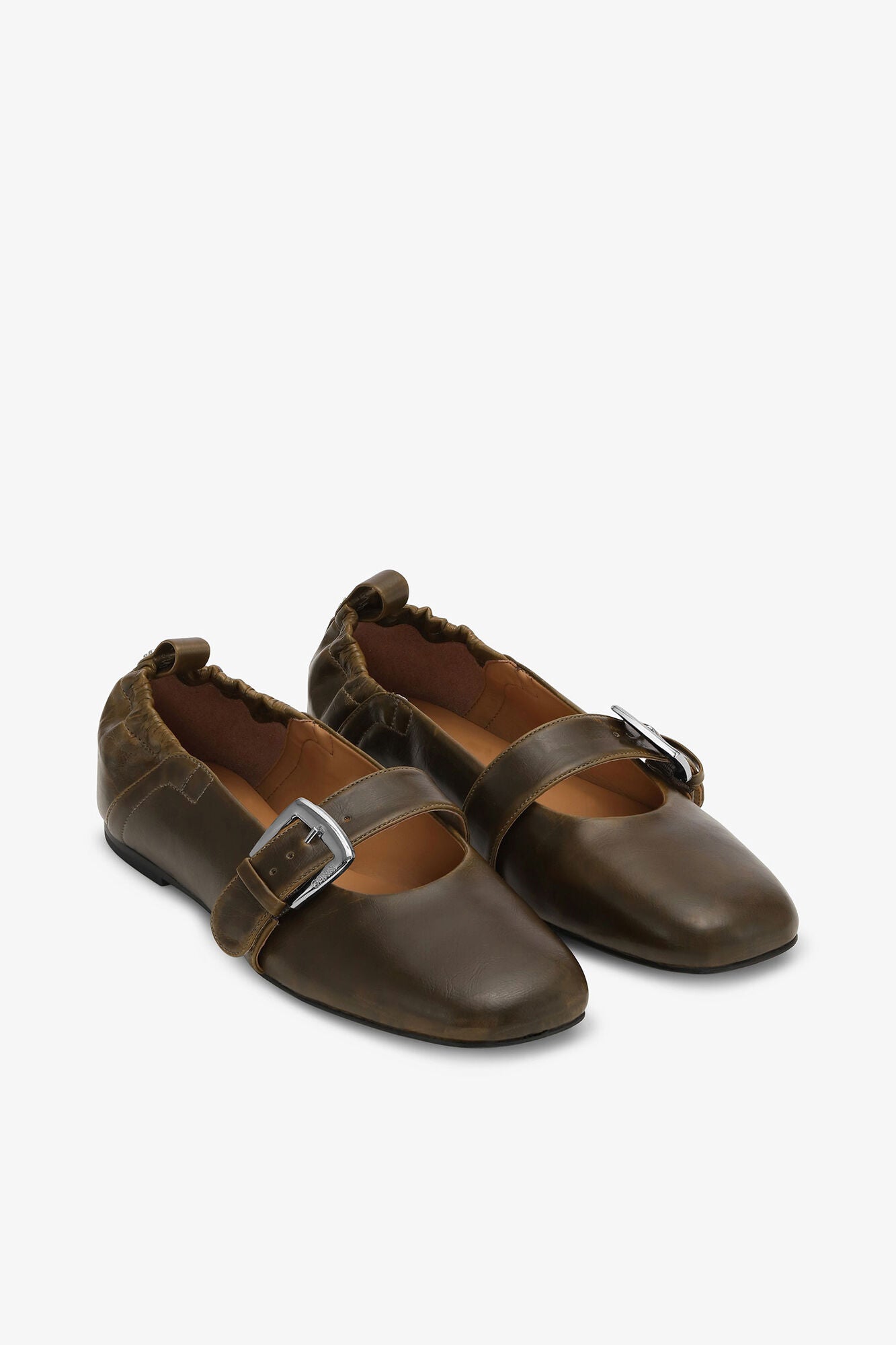 Buckle Strap Ballerinas in Dark-Olive - GANNI
