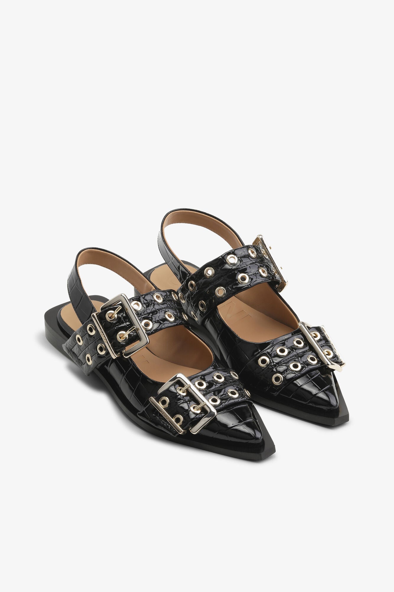 Feminine Buckle Ballerinas in Black Croco Patent - GANNI