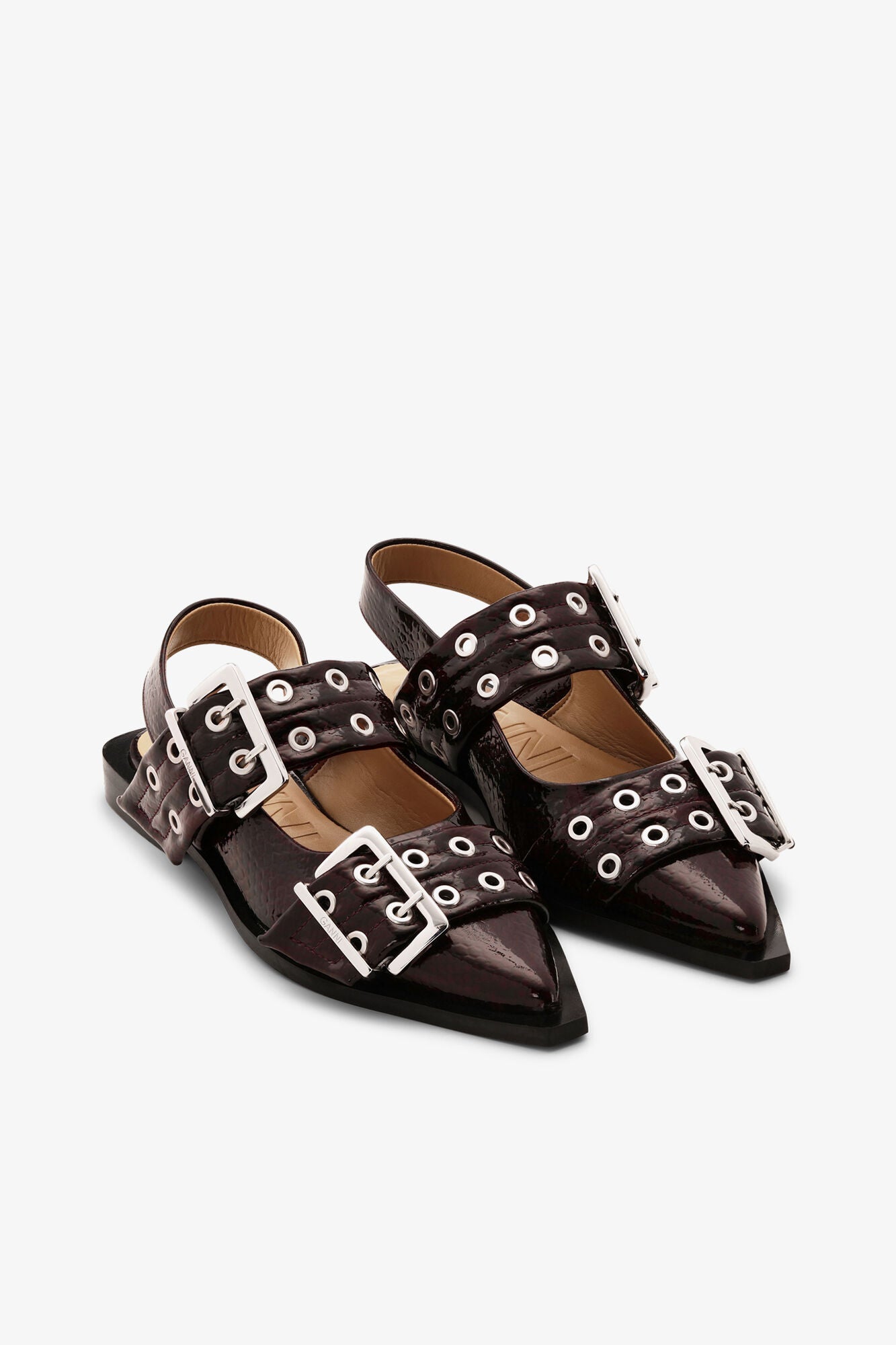 Feminine Buckle Ballerinas in Snake Burgundy - GANNI