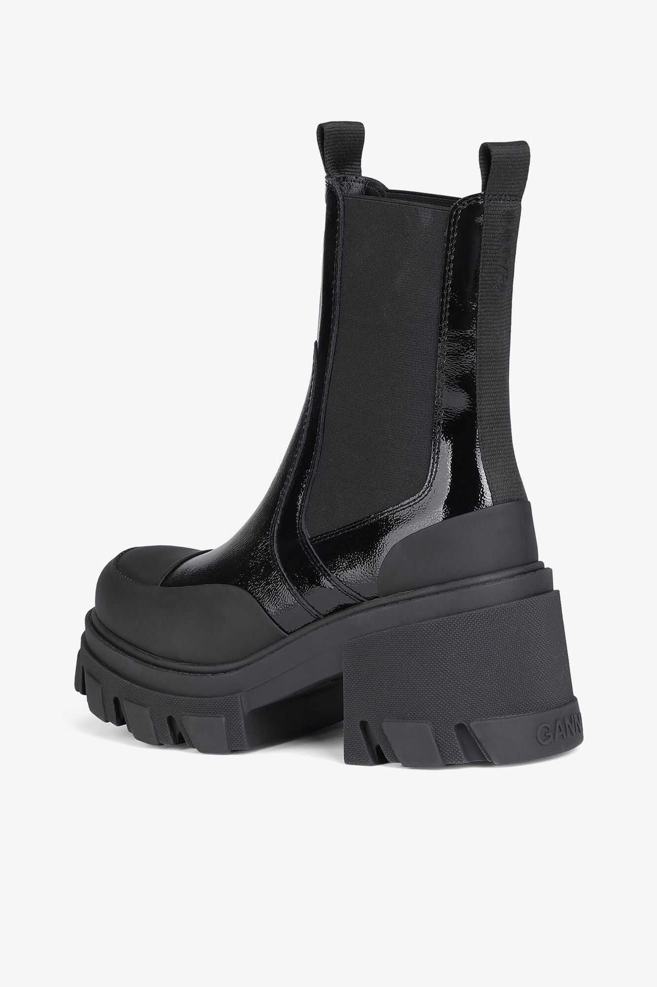Cleated Heeled Mid Chelsea Boots in Black Naplack - GANNI