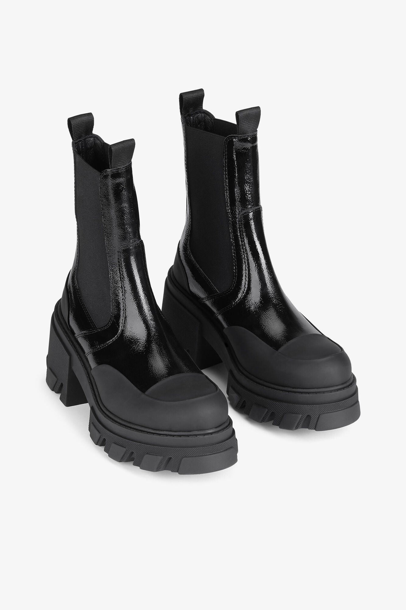 Cleated Heeled Mid Chelsea Boots in Black Naplack - GANNI