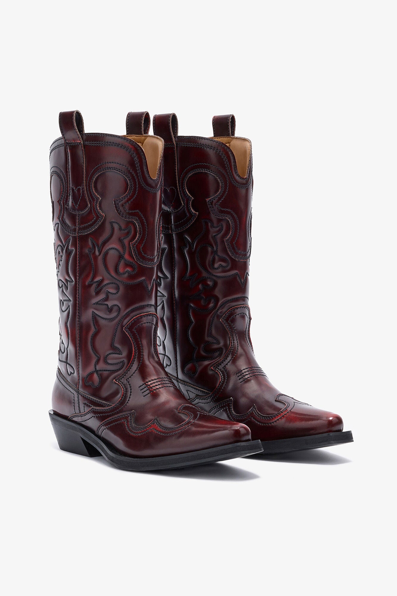 Mid Shaft Embroidered Western Boots in Burgundy - GANNI