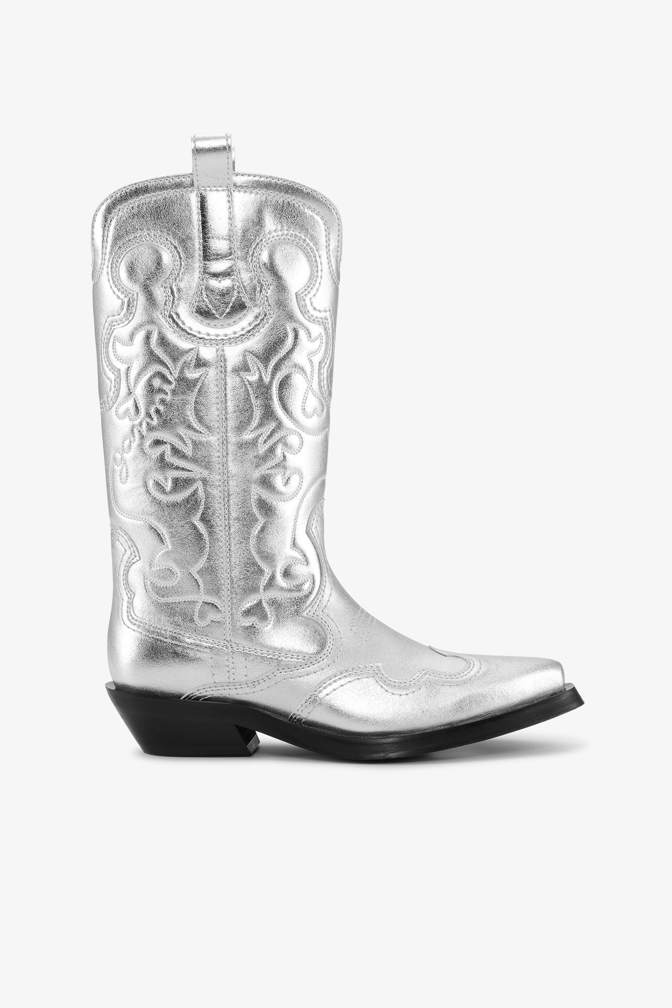 Silver Mid Shaft Embroidered Western Boots - GANNI