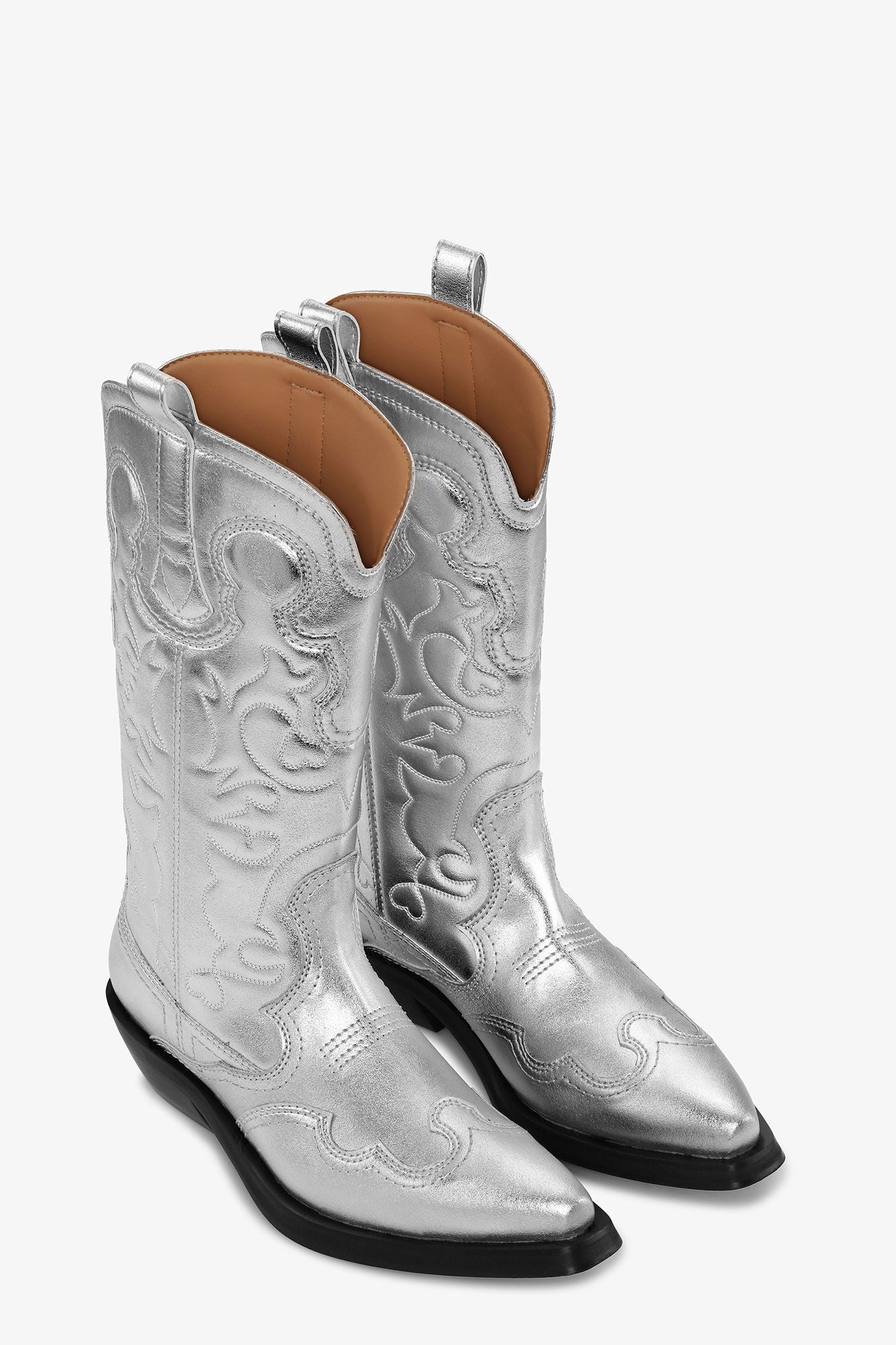 Silver Mid Shaft Embroidered Western Boots - GANNI