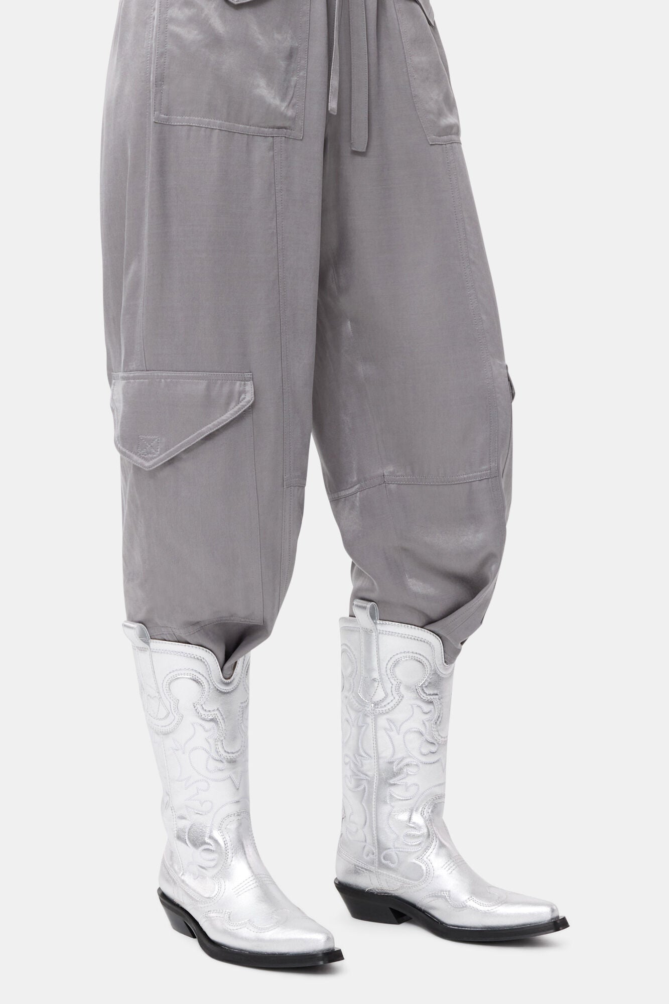 Silver Mid Shaft Embroidered Western Boots - GANNI
