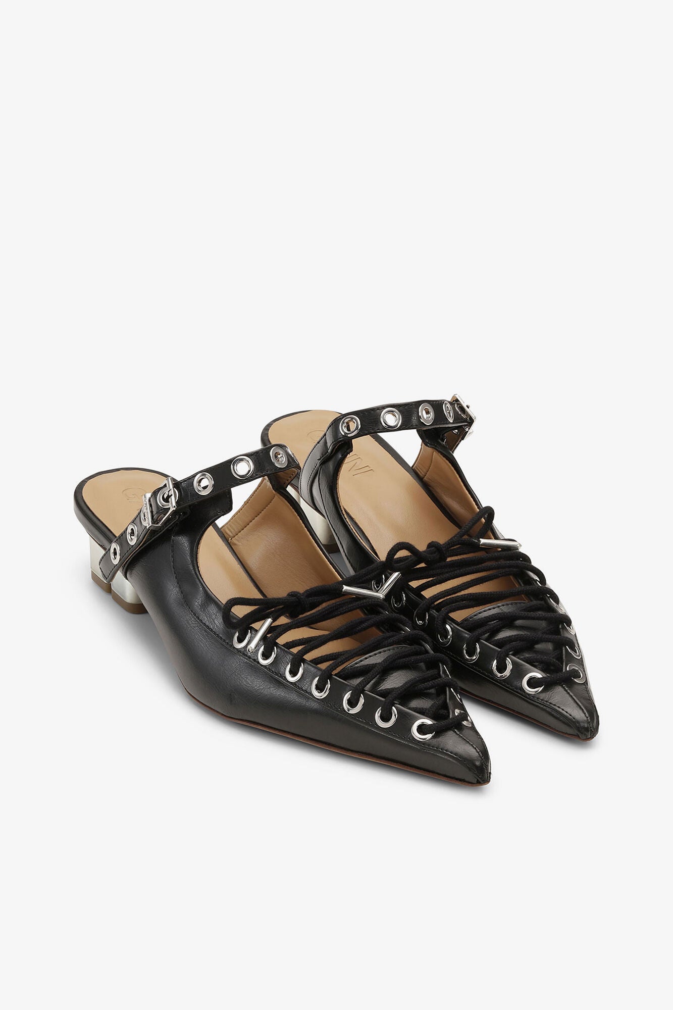 Lace-Up Mules in Black Oleatex - GANNI