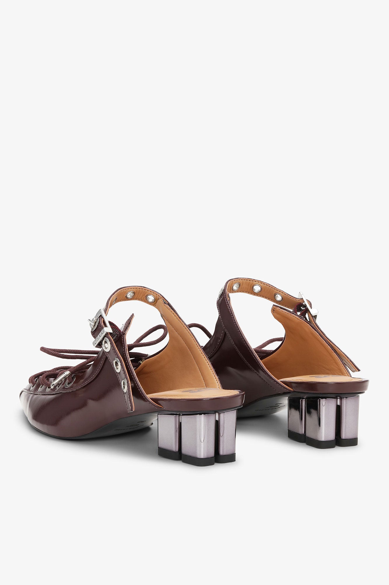Lace-Up Mules in Brown Oleatex - GANNI