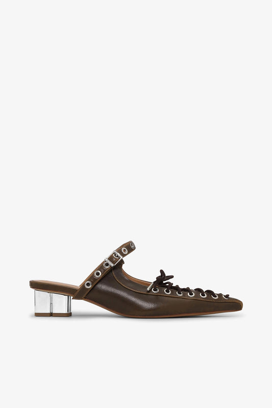 Lace-Up Mules in Dark-Olive Oleatex - GANNI