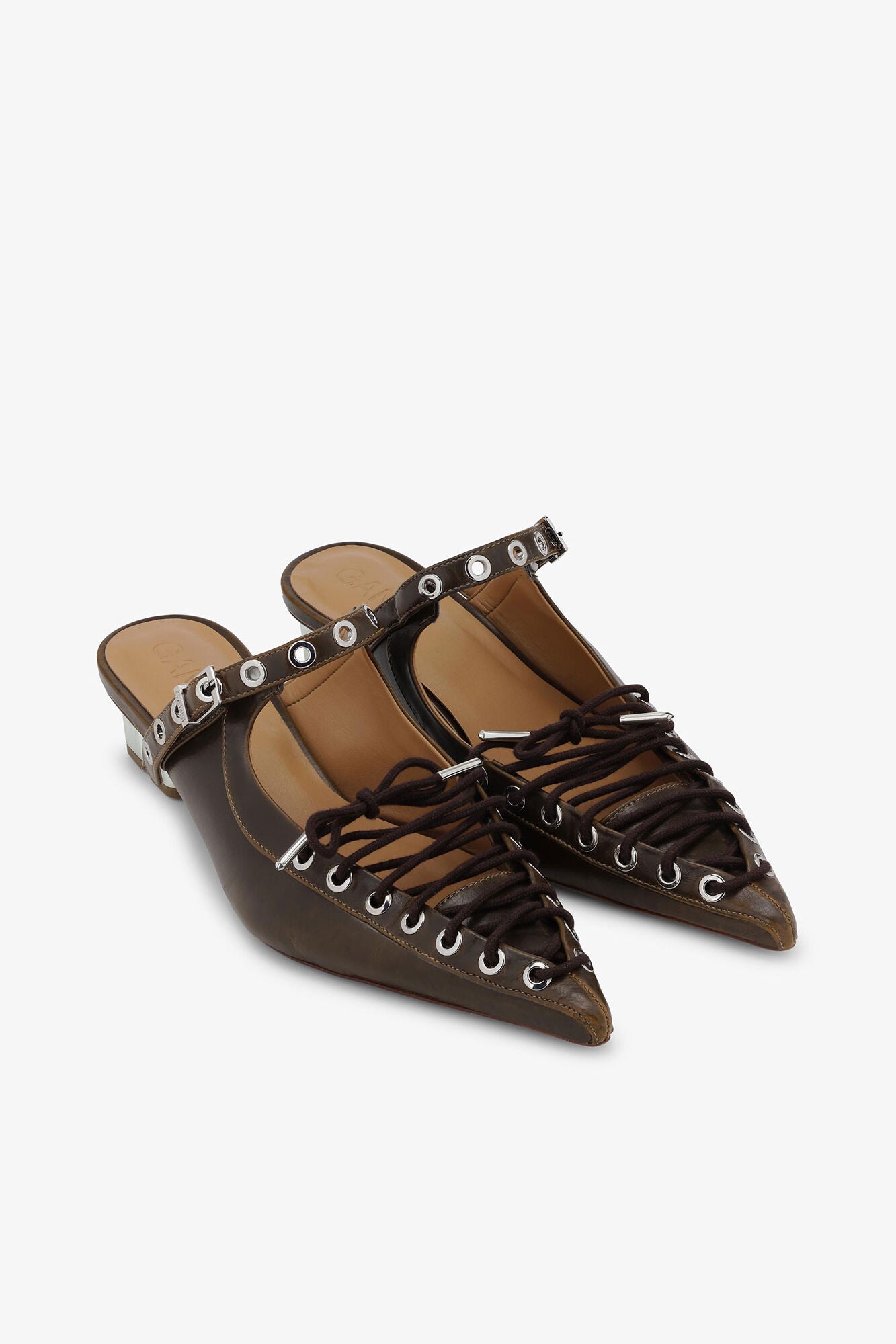 Lace-Up Mules in Dark-Olive Oleatex - GANNI