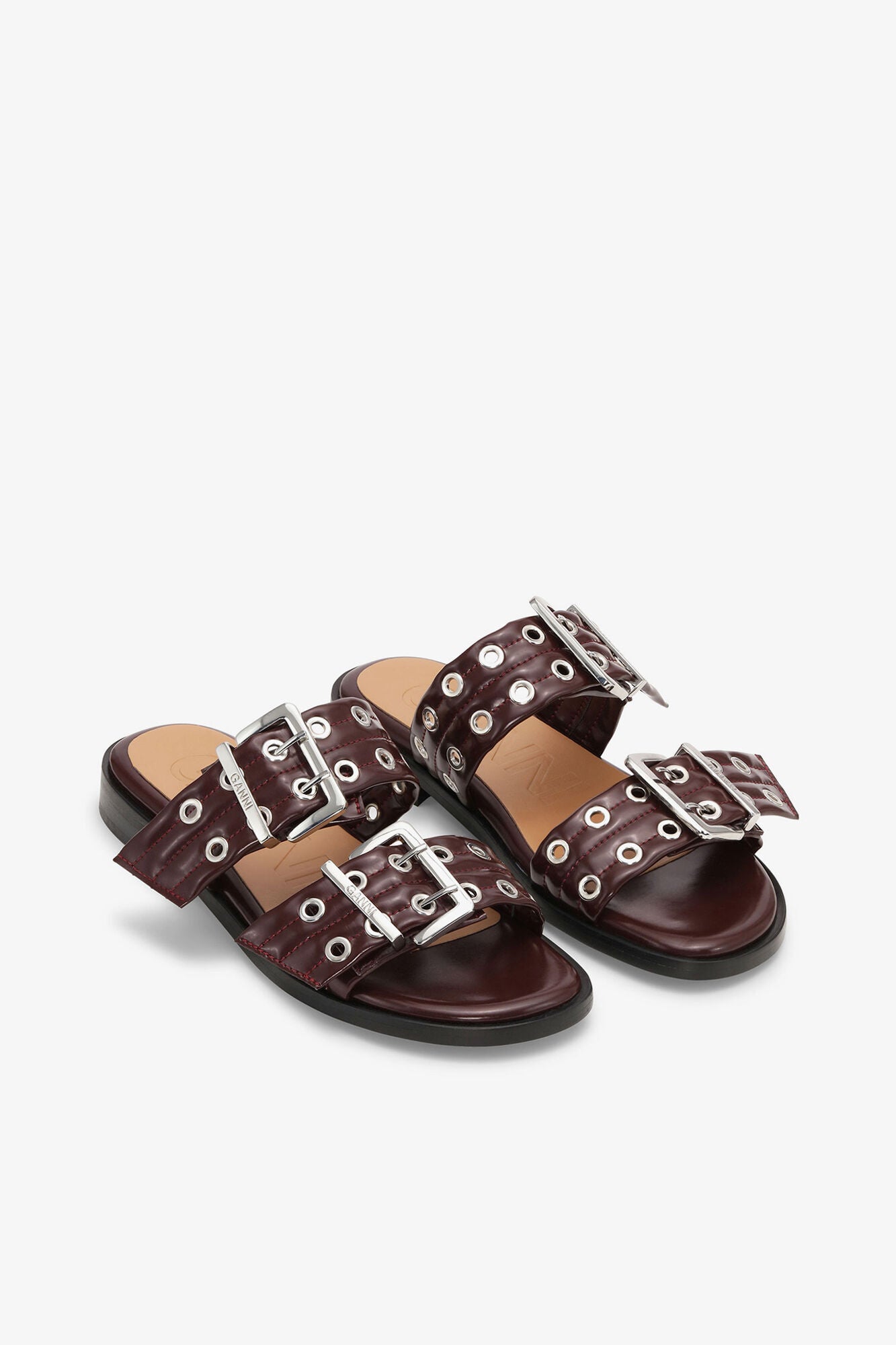 Feminine Buckle Two-Strap Sandals in Burgundy - GANNI