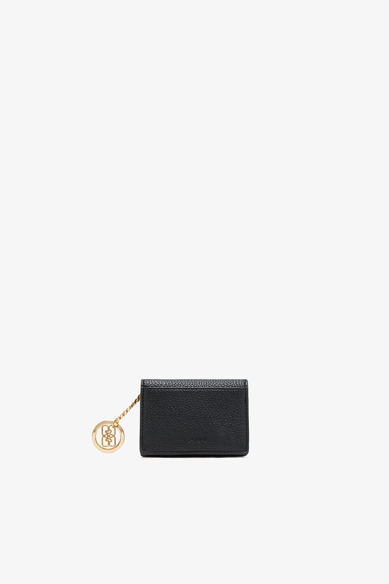 Black Card Holder With Flap in Grained Black with Gold - GANNI