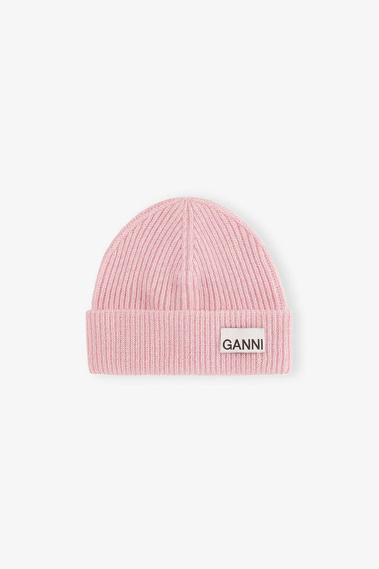 Mauve Chalk Light Pink Fitted Rib Knit Wool Beanie - GANNI
