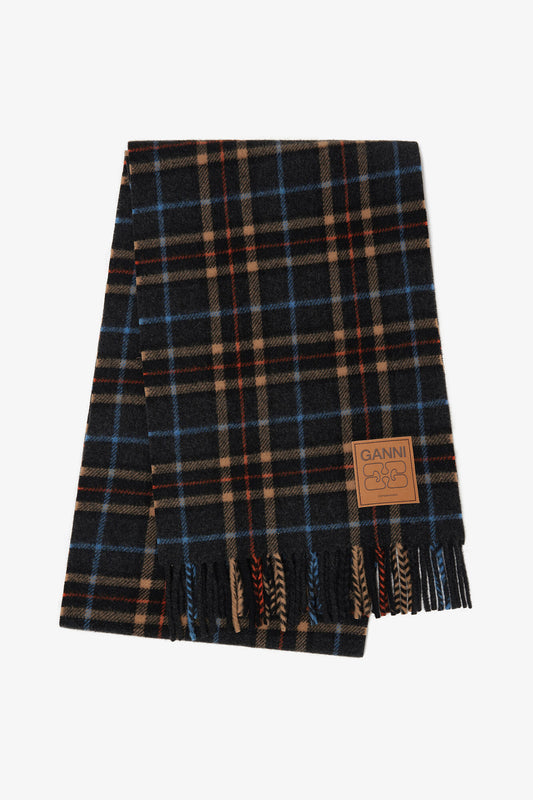 Charcoal Grey Check Wool Scarf - GANNI
