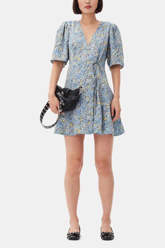 Blue Floral Printed Crinkled Satin Mini Wrap Dress - GANNI