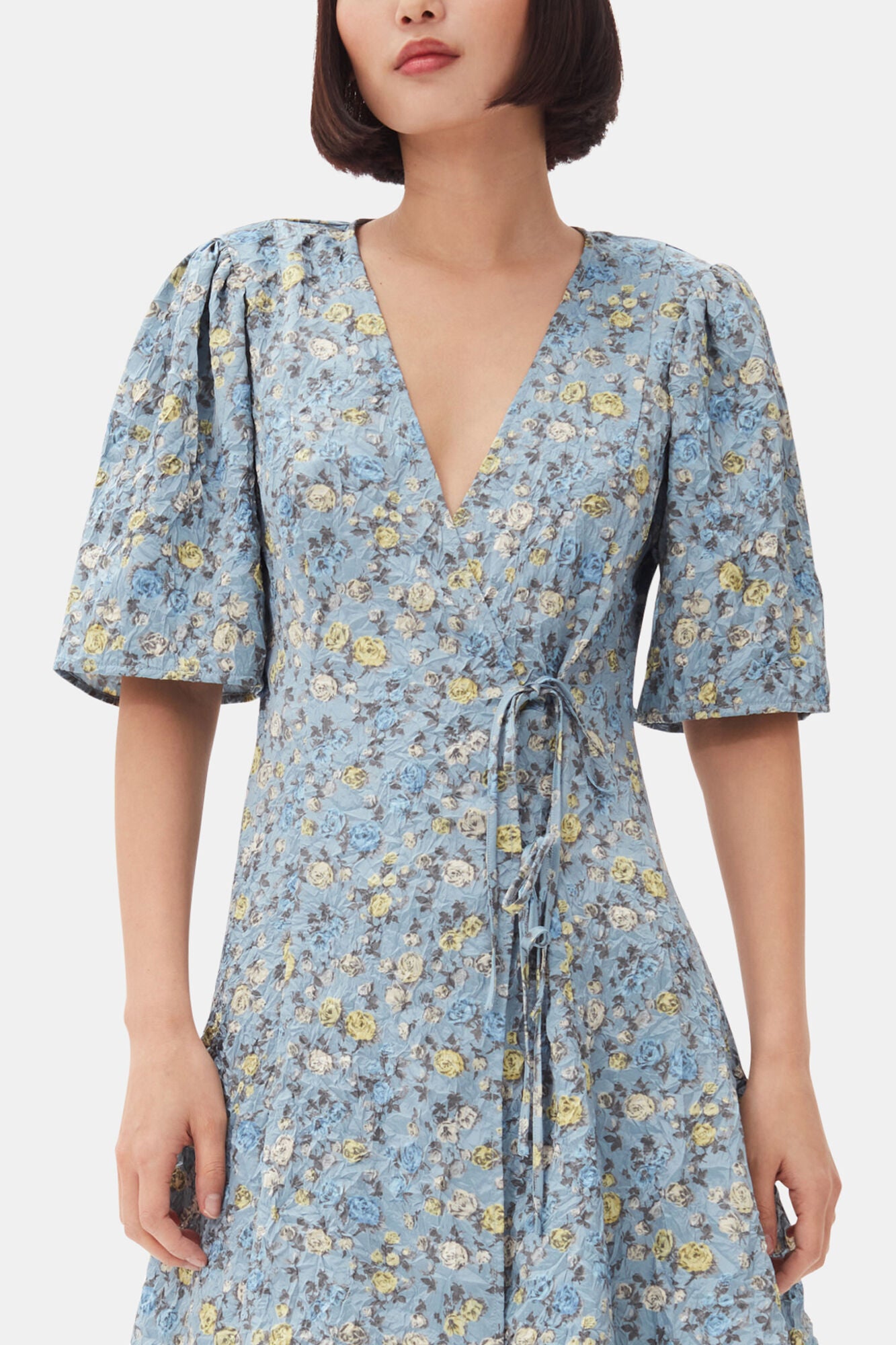 Blue Floral Printed Crinkled Satin Mini Wrap Dress - GANNI