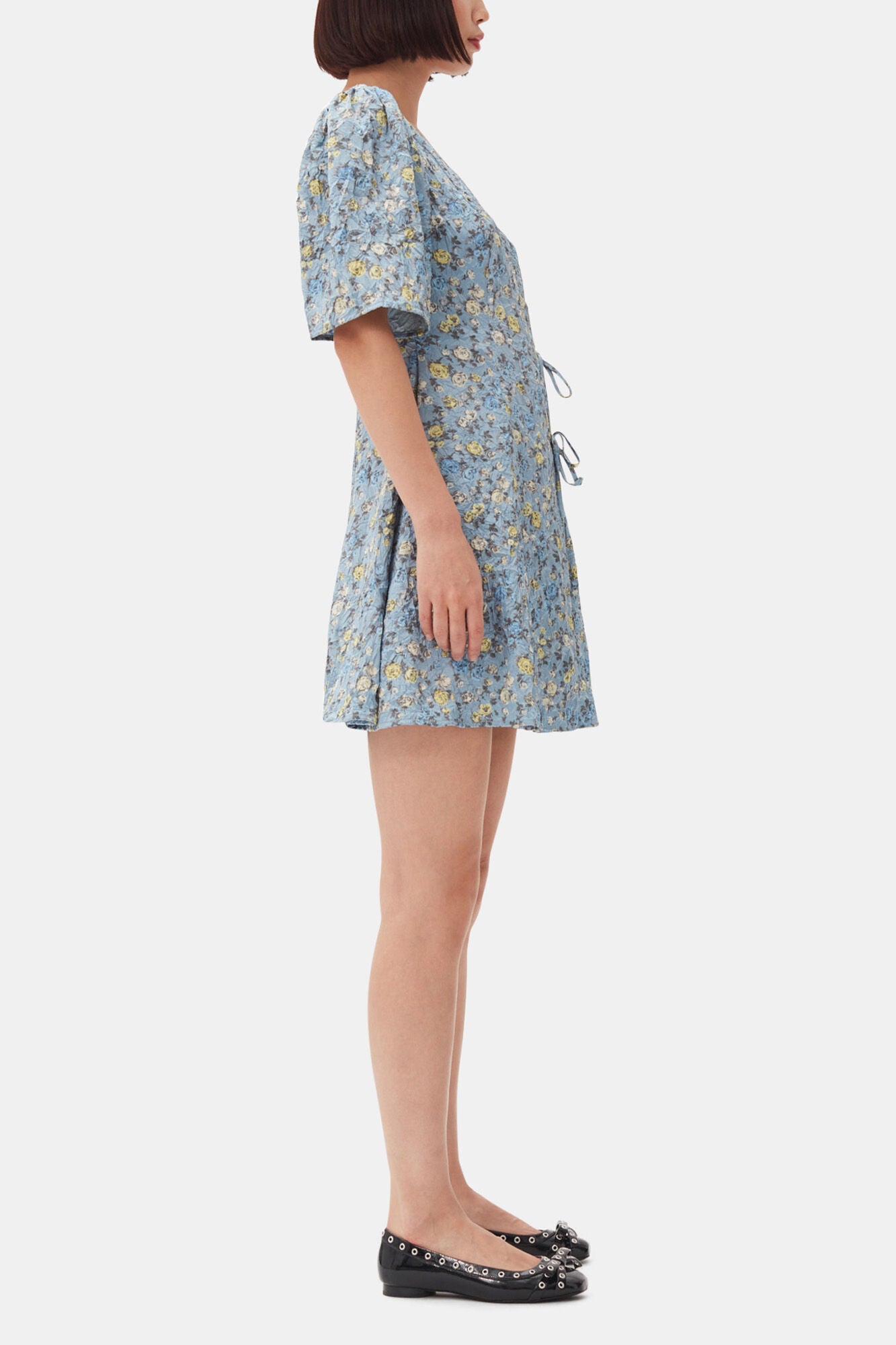Blue Floral Printed Crinkled Satin Mini Wrap Dress - GANNI