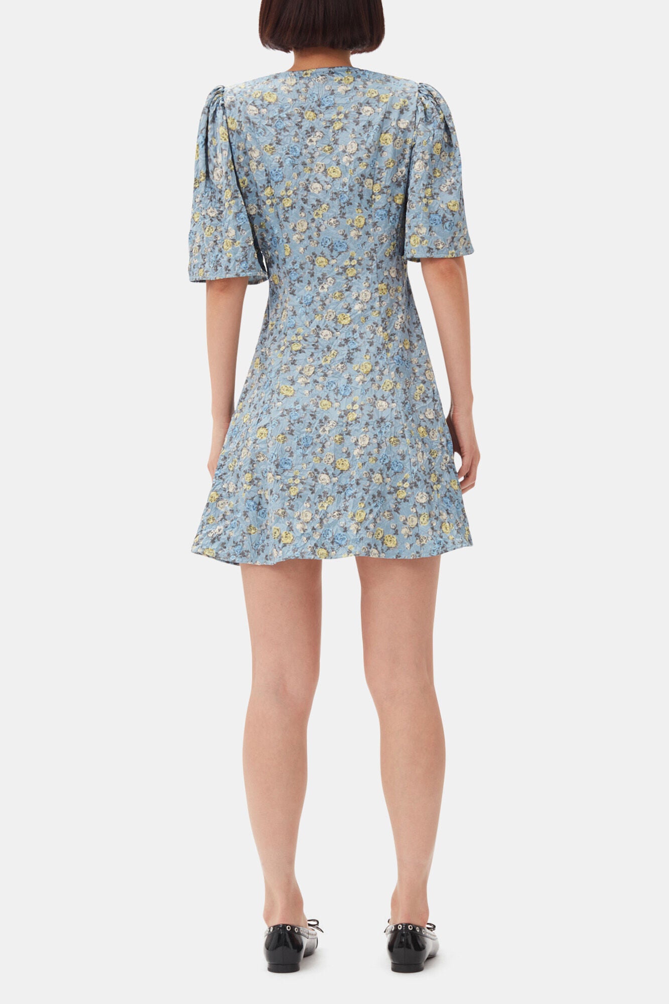 Blue Floral Printed Crinkled Satin Mini Wrap Dress - GANNI