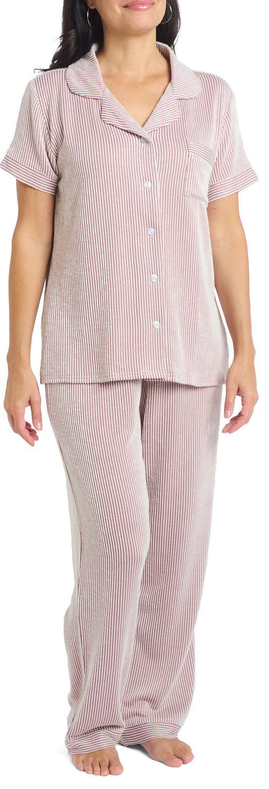 Born Shoes Ladies Classic Short Sleeve Pant Set - Knit Searsucker